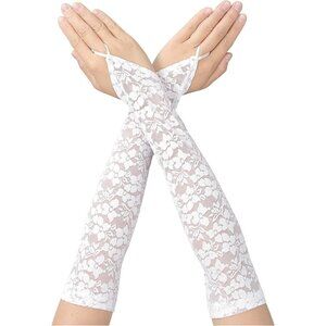 Women's White Finger Loop Floral Satin Lace Long Length Gloves Wedding Parties